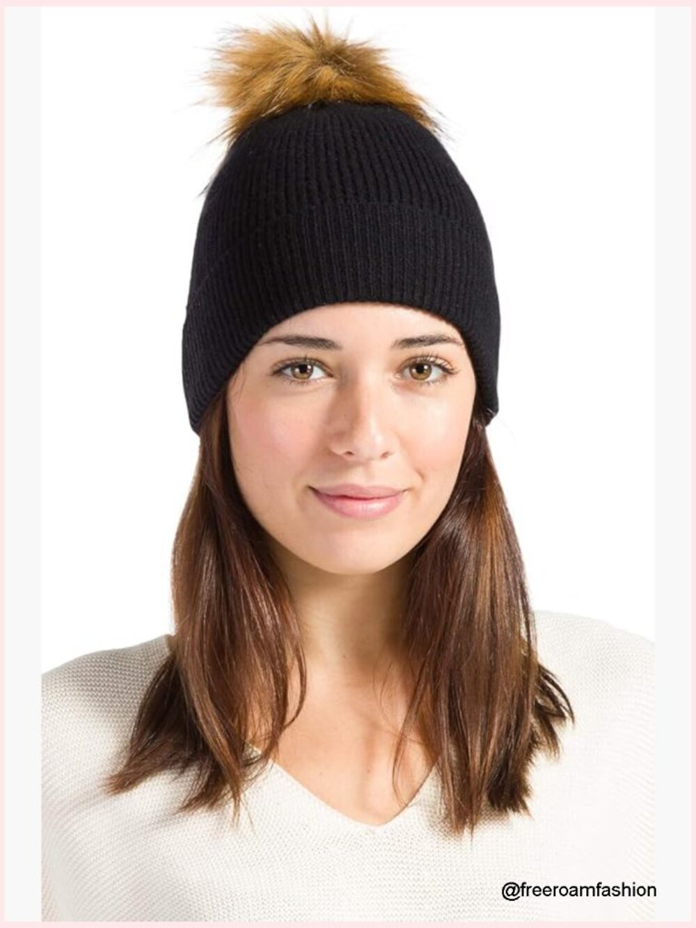 100% Cashmere Beanie Hat with Faux Fur Pom One Size